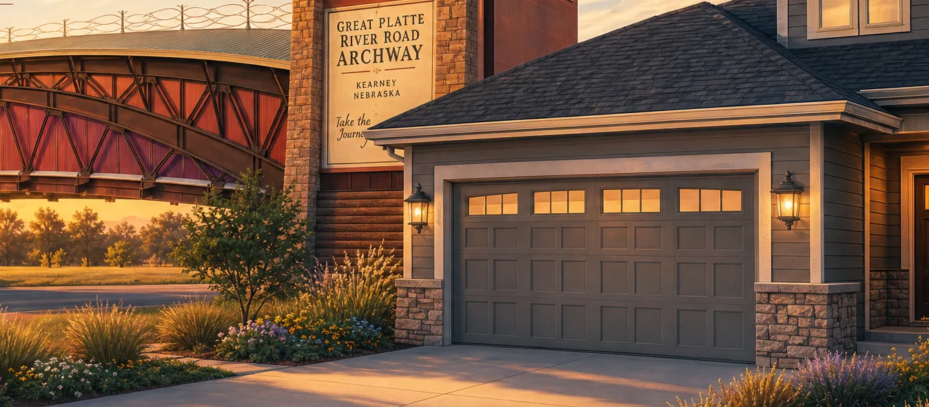 The Great Platte River Road Archway at sunset beside a Kearney home with a carriage-style garage door